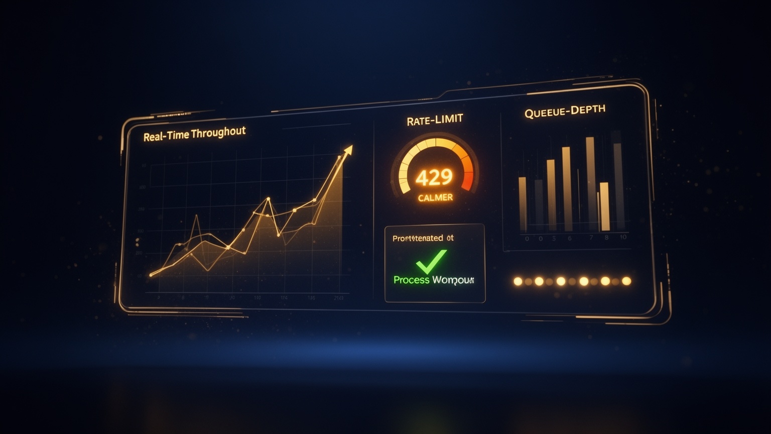 Cinematisches Dashboard mit Throughput-Graph, Rate-Limit-Anzeige (429), Queue-Tiefen-Chart und Heartbeat-Punkten in tiefem Marineblau mit goldenen Akzenten.
