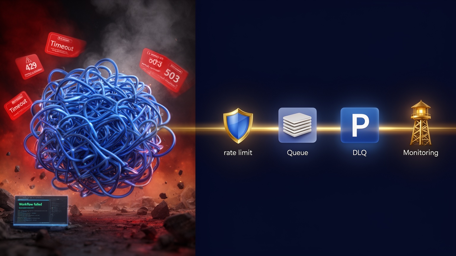 Links: chaotischer Knoten aus Workflow-Drähten mit roten Fehler-Badges (429, 503, Timeout) und einem Workflow-failed-Terminal. Rechts: vier saubere Module — Rate Limit, Queue, DLQ, Monitoring — verbunden durch einen goldenen Lichtstrahl.
